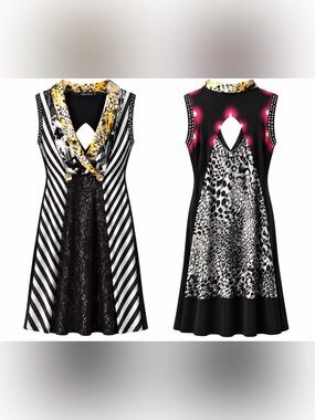 Striped Black and White Dress with Gold Accents